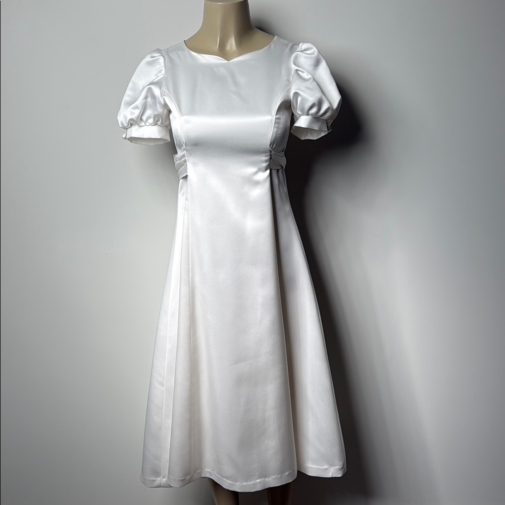 White Satin Ruched Puff Sleeve A-Line Dress